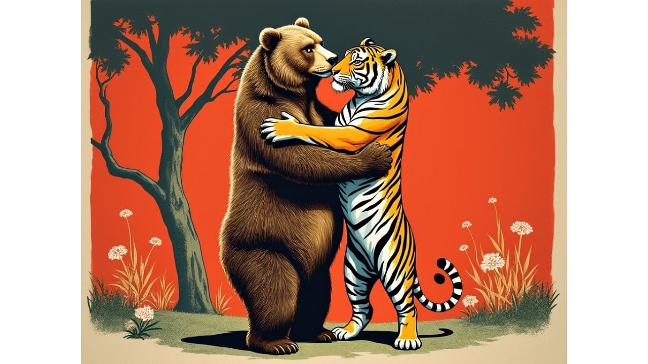 <div class="paragraphs"><p>In this AI-generated image, the national animal of Russia, the Eurasian brown bear, can be seen hugging the national animal of India, the Royal Bengal Tiger.&nbsp;</p></div>